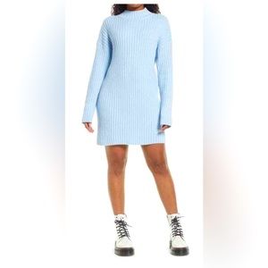 NWT BP. Mock Neck Long Sleeve Cotton Blend Rib Sweater Dress In Blue Cashmere L